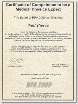 Certificate of Competence to be a Medical Physics Expert awarded to Neil Pierce