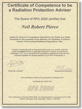 Certificate of Competence to be a Radiation Protection Adviser awarded to Neil Robert Pierce